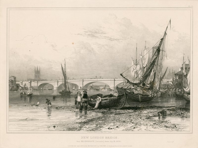 Nuovo Ponte di Londra, da Billingsgate (bassa marea) disegnato il 31 luglio 1832 da Edward William Cooke