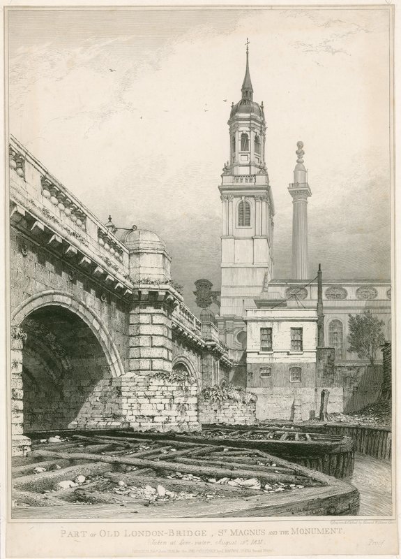 Parte del vecchio London Bridge, St Magnus e il Monumento da Edward William Cooke