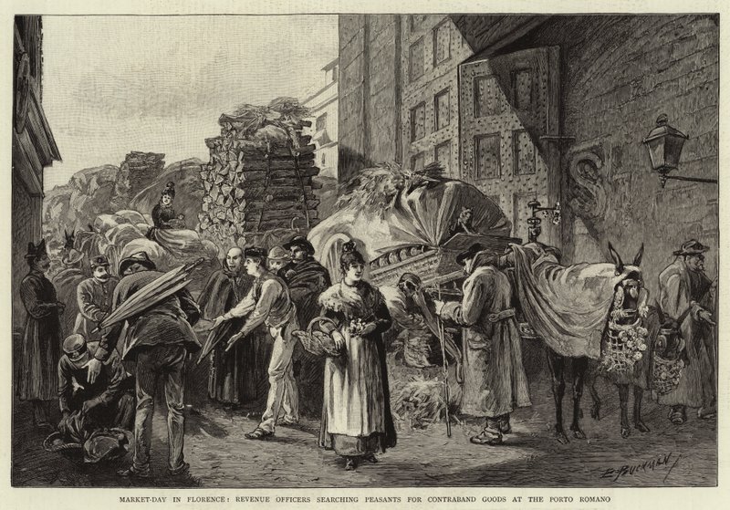 Giorno di mercato a Firenze, Ufficiali delle Entrate che perquisiscono i contadini per merci di contrabbando al Porto Romano da Edwin Buckman
