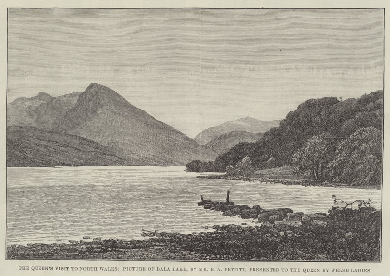 La visita della regina nel Galles del Nord, quadro del lago Bala, presentato alla regina dalle signore gallesi da Edwin Pettitt