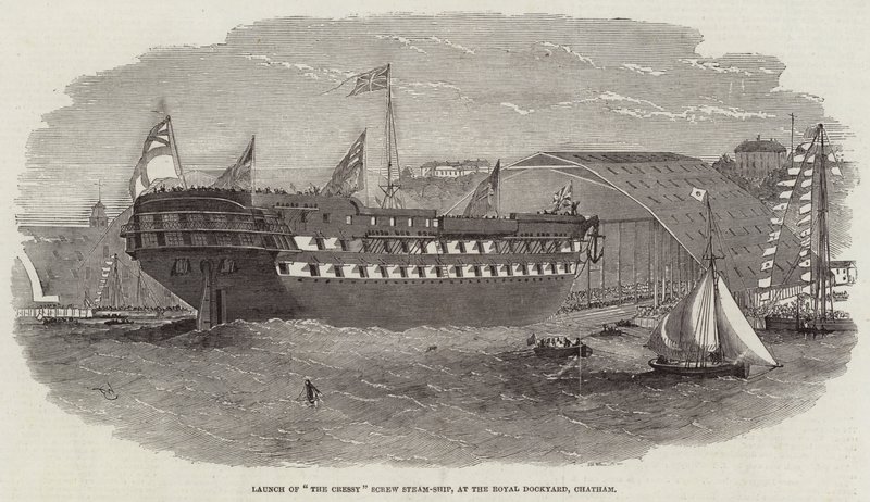 Varo della nave a vapore Cressy Screw, al Royal Dockyard, Chatham da Edwin Weedon