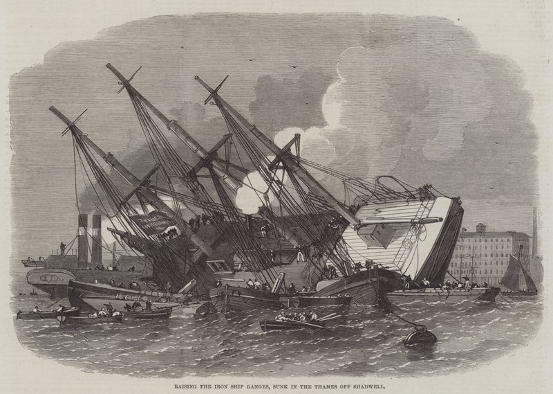 Sollevamento della nave di ferro Ganges, affondata nel Tamigi al largo di Shadwell da Edwin Weedon