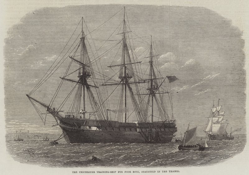 La nave scuola Chichester per ragazzi poveri, stazionata sul Tamigi da Edwin Weedon