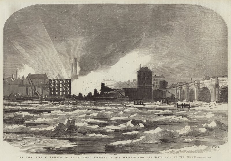 Il grande incendio a Bankside, venerdì notte, 16 febbraio 1855, schizzato dalla riva nord del Tamigi da Edwin Weedon