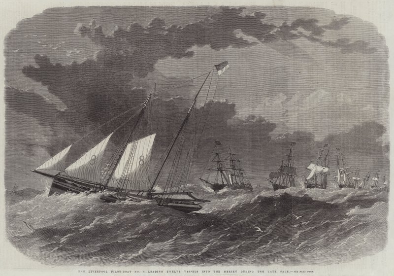 La pilotina di Liverpool n. 8, che guida dodici navi nel Mersey durante la recente tempesta da Edwin Weedon