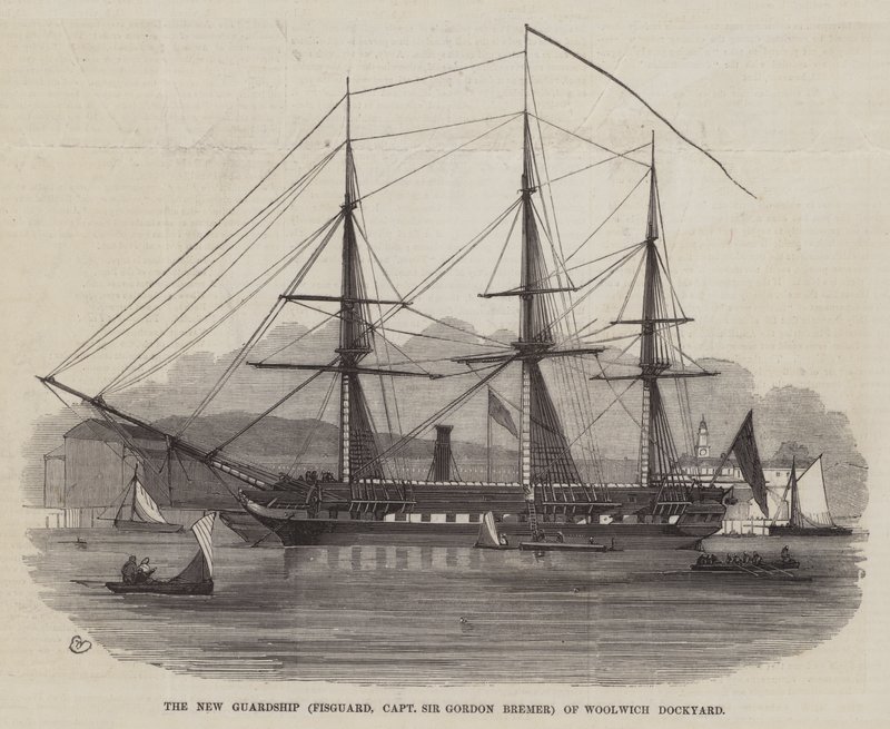 La nuova nave da guardia (Fisguard, Capitano Sir Gordon Bremer) del cantiere navale di Woolwich da Edwin Weedon