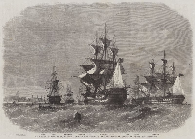 Vista da Spanish Point, Bermuda, con il cantiere navale e la flotta ancorata a Grassy Bay da Edwin Weedon