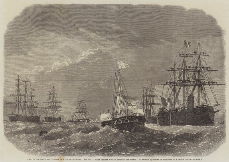 Visita del Principe e della Principessa di Galles a Plymouth, lo Yacht Reale Osborne che passa tra le Squadre di Corazzate Francesi e Inglesi nel Plymouth Sound da Edwin Weedon