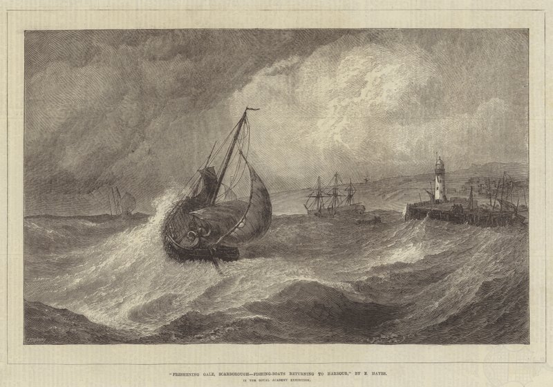Vento fresco, Scarborough, barche da pesca che tornano al porto, nella mostra della Royal Academy da Edwin Hayes