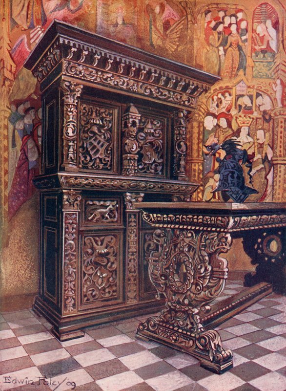 Armadio in quercia scolpita, con il cifrario di Lambert Suavius di Liegi. Tavolo in quercia scolpita da Edwin John Foley