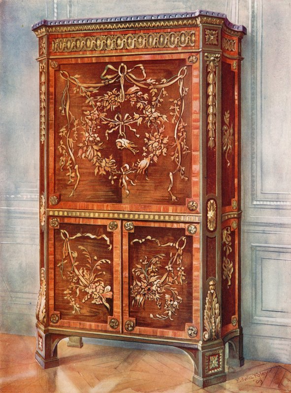 Secretaire a ribalta intarsiato con montature in bronzo dorato di sicomoro, tulipier, bois de rose, agrifoglio e altri legni naturali e tinti da Edwin John Foley