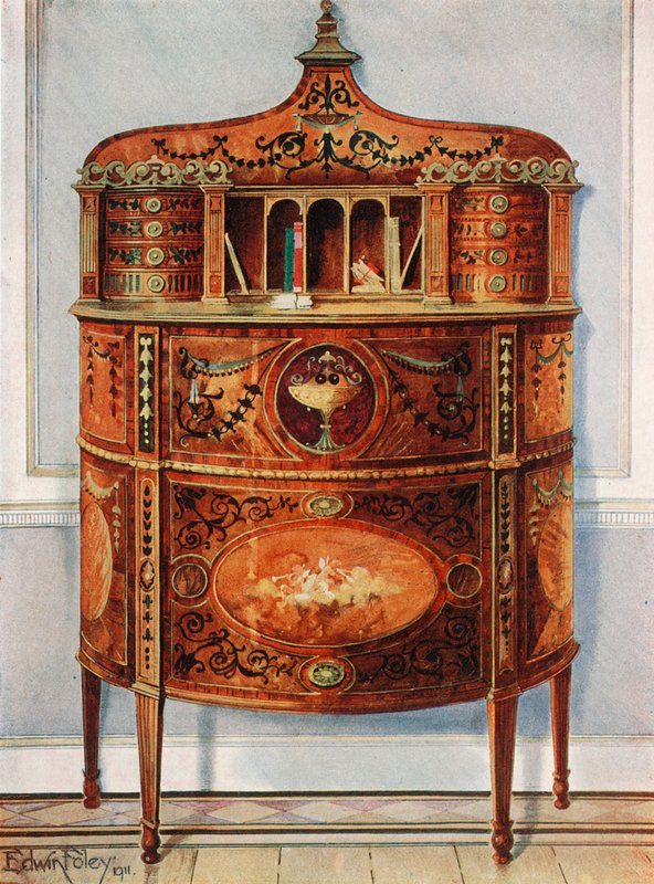 Scrivania in satinwood intarsiata e dipinta, montata in bronzo dorato da Edwin John Foley