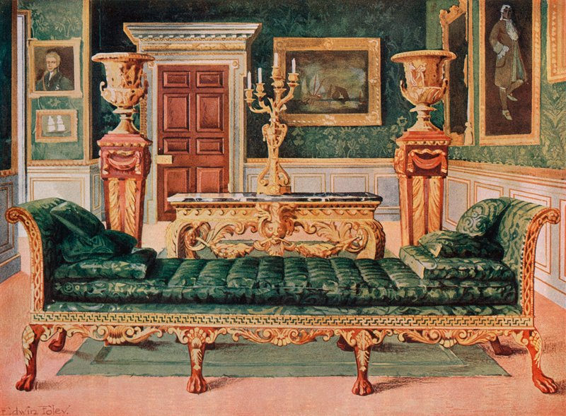 Suite georgiana in mogano e dorata nella galleria e nel salotto verde del castello di Longford da Edwin John Foley