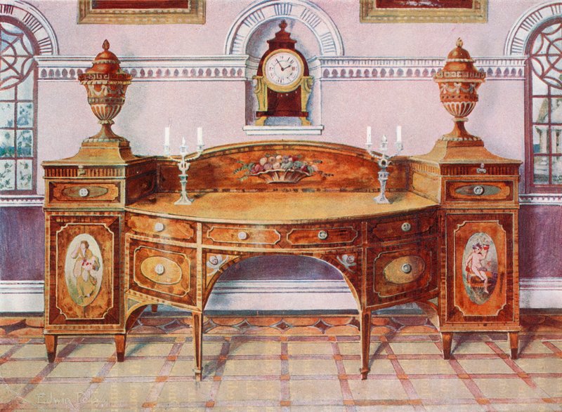 Credenza in satinwood dipinta e intarsiata. Orologio a staffa in mogano da Edwin John Foley