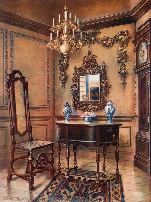 Pannellatura, con intagli di Grinling Gibbon. Cornice dello specchio, tavolo in noce, William e Mary. Sedia in noce, orologio alto di Charles Wesley da Edwin John Foley