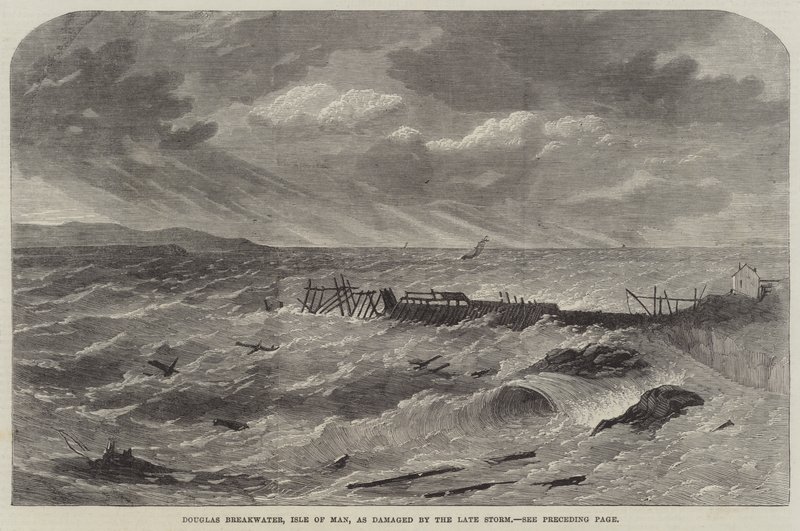 Frangiflutti di Douglas, Isola di Man, danneggiato dalla recente tempesta da Edwin Weedon