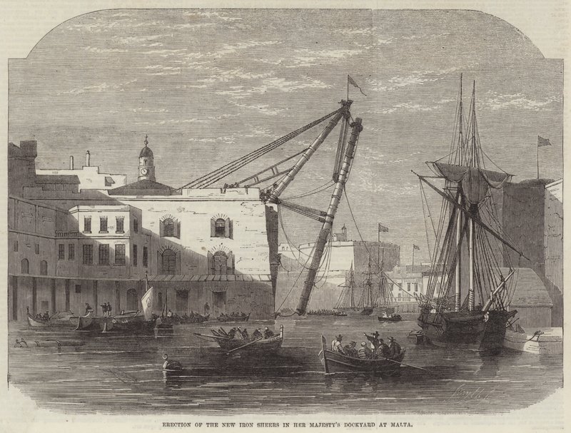 Erezione delle nuove cesoie di ferro nel cantiere navale di Sua Maestà a Malta da Edwin Weedon