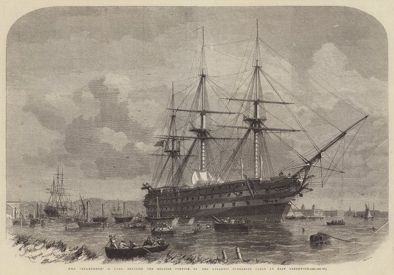 HMS Agamemnon, 91 cannoni, carica la porzione inglese del cavo sottomarino atlantico a East Greenwich da Edwin Weedon