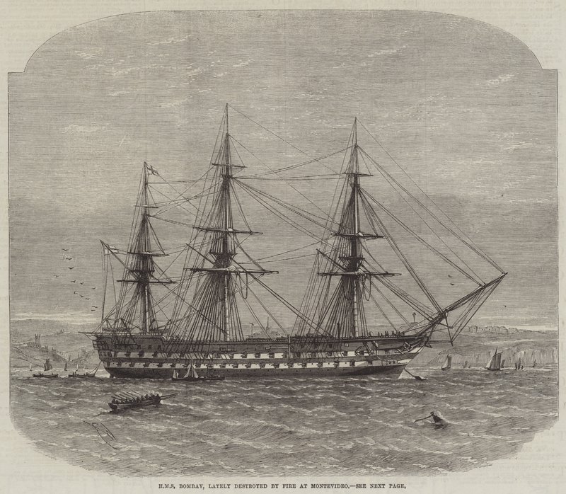 HMS Bombay, recentemente distrutta dal fuoco a Montevideo da Edwin Weedon