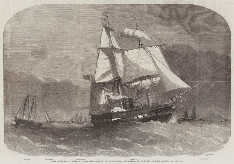 Fregata HMS Furious e il convoglio di cannoniere per la Cina, nel porto di Portsmouth da Edwin Weedon