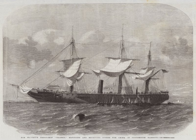 La nave da trasporto di Sua Maestà Transit, in riparazione e ricezione di rifornimenti per la Cina nel porto di Portsmouth da Edwin Weedon