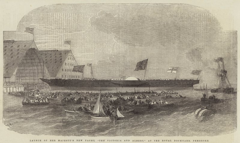Varo del nuovo yacht di Sua Maestà, il Victoria e Albert, al Royal Dockyard, Pembroke da Edwin Weedon