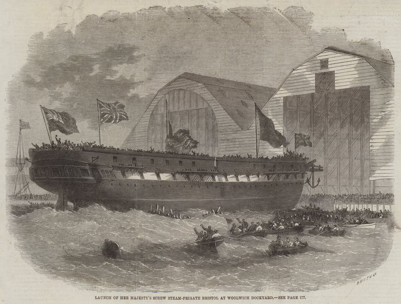 Varo della fregata a vapore a vite di Sua Maestà Bristol al cantiere navale di Woolwich da Edwin Weedon