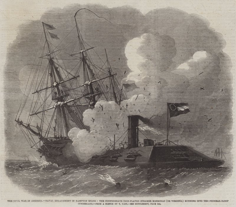 La Guerra Civile in America, Scontro Navale a Hampton Roads, il Vapore Corazzato Confederato Merrimac (o Virginia) contro il Brigantino Federale Cumberland da Edwin Weedon