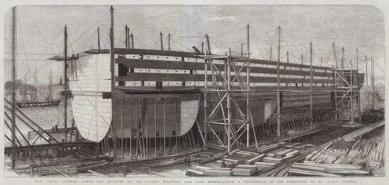 La costruzione della nave a vapore Great Eastern sugli scali, Millwall, 22.500 tonnellate di stazza da Edwin Weedon