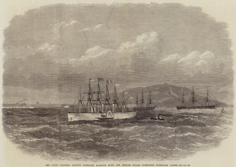 La Great Eastern lascia il porto di Portland con il cavo telegrafico sottomarino indiano britannico da Edwin Weedon
