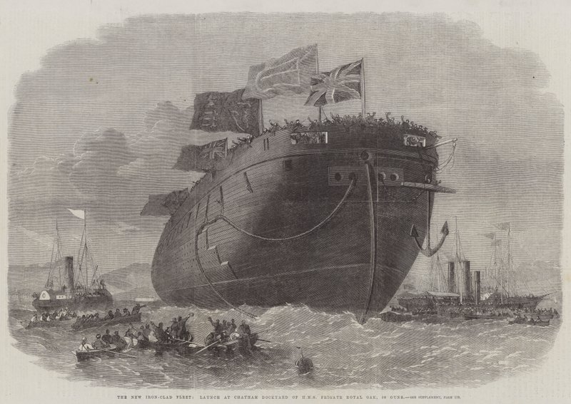 La nuova flotta corazzata, varo al cantiere navale di Chatham della fregata HMS Royal Oak, 50 cannoni da Edwin Weedon