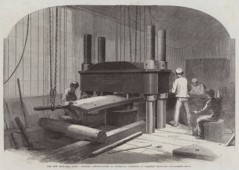 La nuova flotta corazzata, piegatura delle piastre corazzate con pressione idraulica al cantiere navale di Chatham da Edwin Weedon