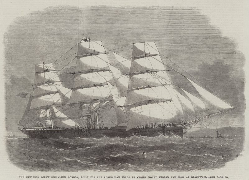 La nuova nave a vapore a vite di ferro Londra, costruita per il commercio australiano da Messers Money Wigram and Sons, a Blackwall da Edwin Weedon