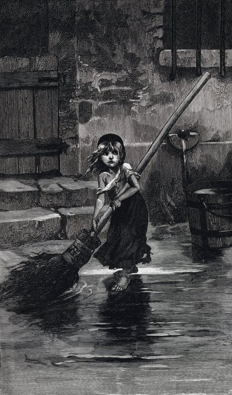 Scena da Les Miserables, di Victor Hugo: Cosette che spazza (incisione) da Emile Antoine (after) Bayard