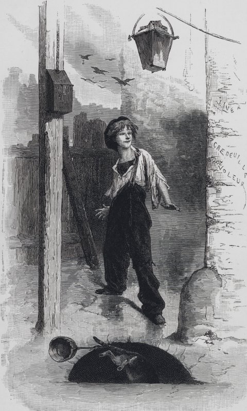 Scena da I Miserabili, di Victor Hugo: Gavroche da Emile Antoine (after) Bayard