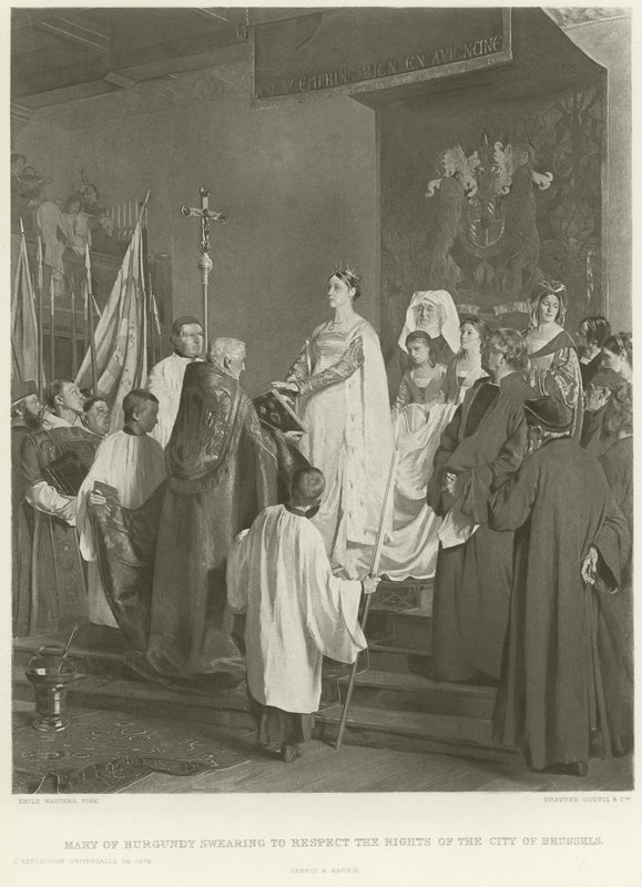 Maria di Borgogna giura di rispettare i diritti della Città di Bruxelles (incisione) da Emile Charles Wauters