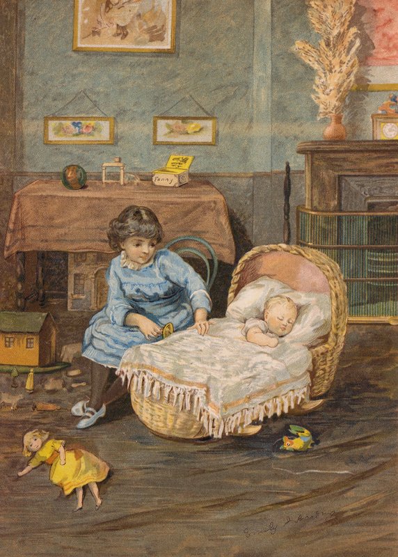 Ragazza che sorveglia un bambino in una culla (cromolitografia) da Emily Jane Harding Andrews