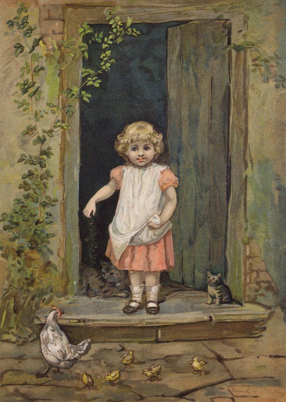 Bambina che nutre i polli dalla soglia di casa da Emily Jane Harding Andrews