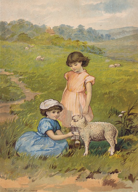 Due ragazze che accarezzano un agnello (cromolitografia) da Emily Jane Harding Andrews