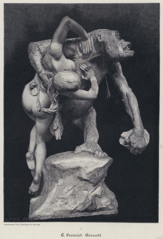 Gorilla che rapisce una donna (incisione) da Emmanuel (after) Fremiet