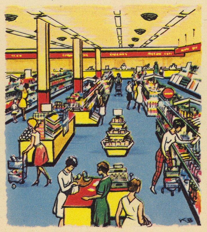 Un primo negozio self-service o supermercato in Gran Bretagna, c. 1950 da English School