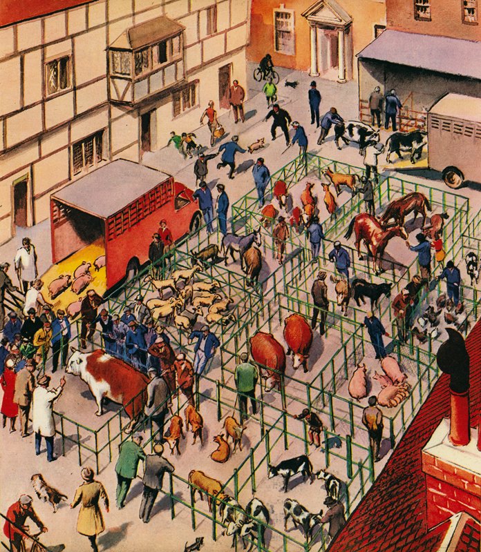 Al mercato del bestiame, Inghilterra, anni 