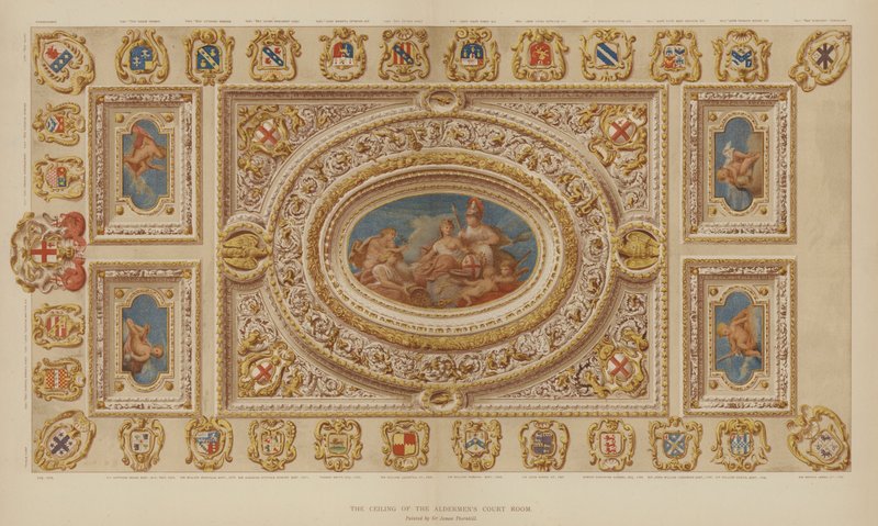 Soffitto della Sala del Consiglio degli Anziani, Guildhall, Città di Londra, dipinto da Sir James Thornhill da English School