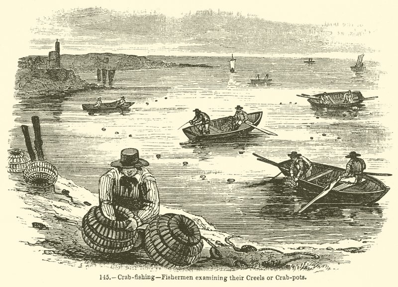 Pesca dei granchi? Pescatori che esaminano le loro nasse o trappole per granchi da English School
