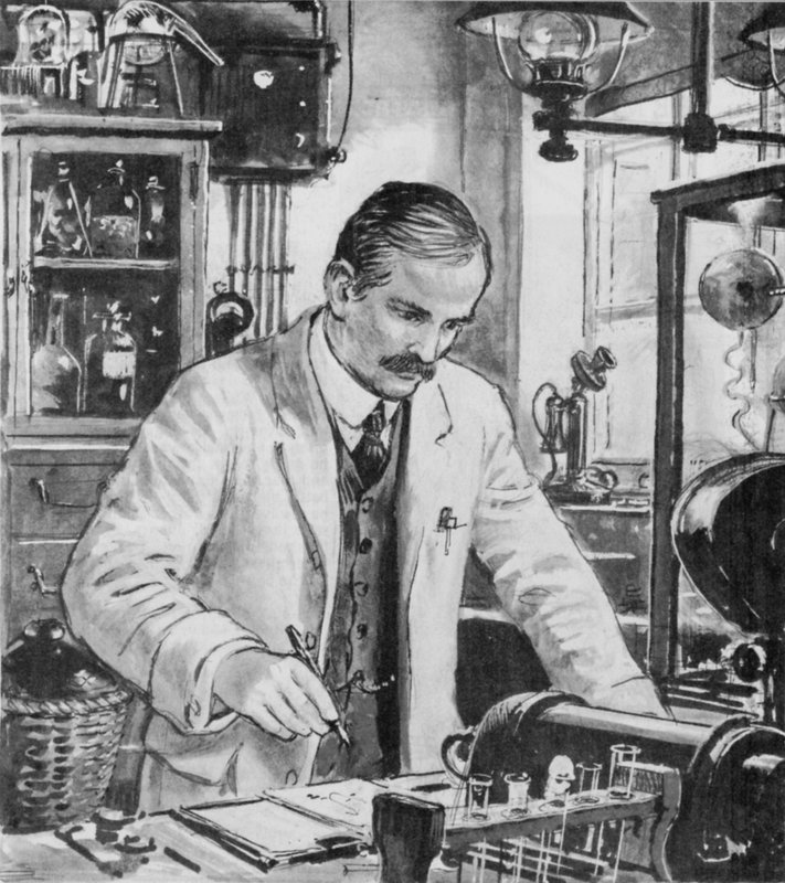 Ernest Rutherford, al lavoro nel suo laboratorio a Cambridge da English School
