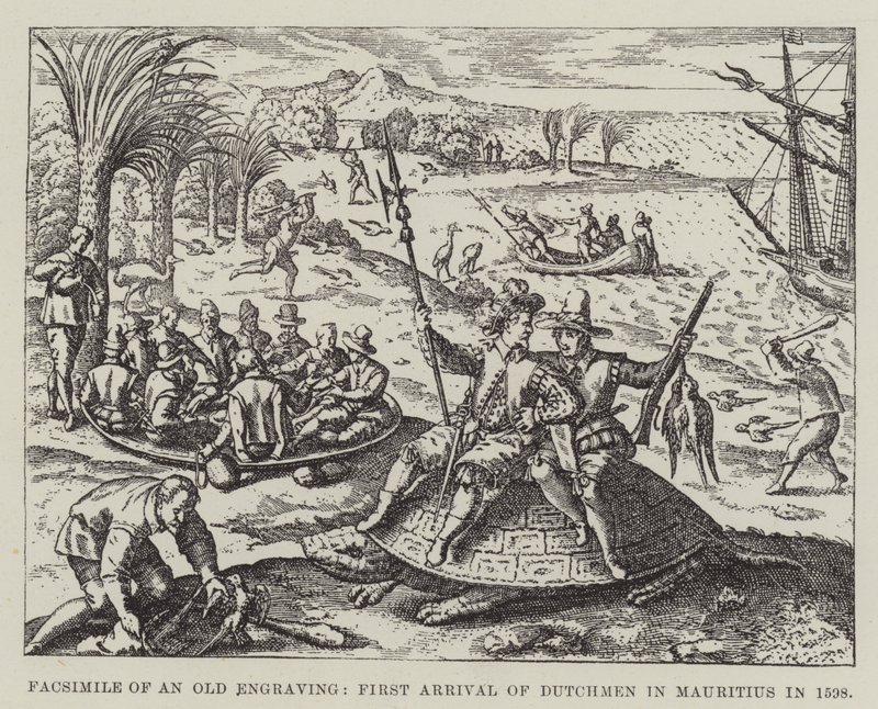 Facsimile di una vecchia incisione, Primo arrivo degli olandesi a Mauritius nel 1598 da English School