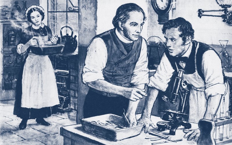 Joseph Lister mostra i microbi sugli strumenti chirurgici non lavati da English School