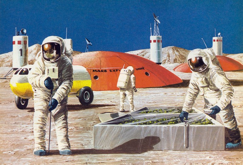 Uomini che lavorano sul pianeta Marte, come immaginato negli anni 