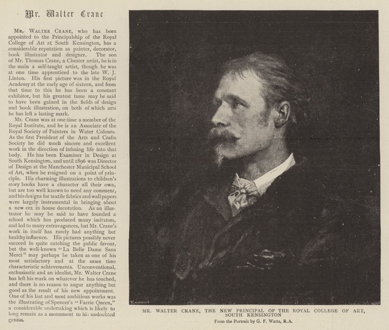 Mr Walter Crane, il nuovo preside del Royal College of Art, South Kensington da English School