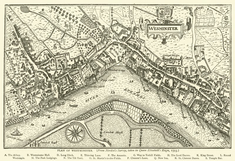 Piano di Westminster, dal rilievo di Norden, preso durante il regno della Regina Elisabetta, 1593 da English School